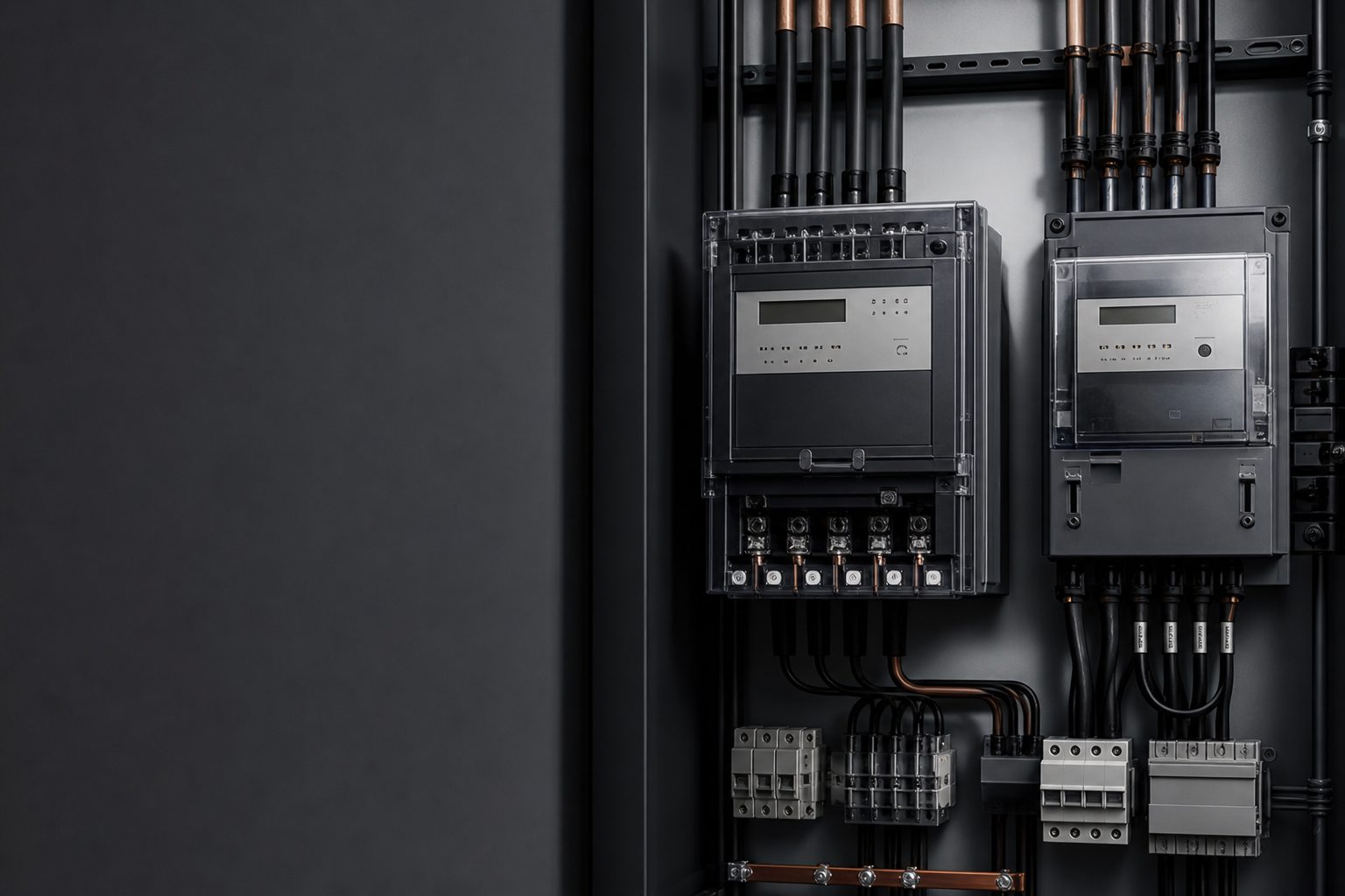 Single-phase and three-phase smart meters installed in a control panel