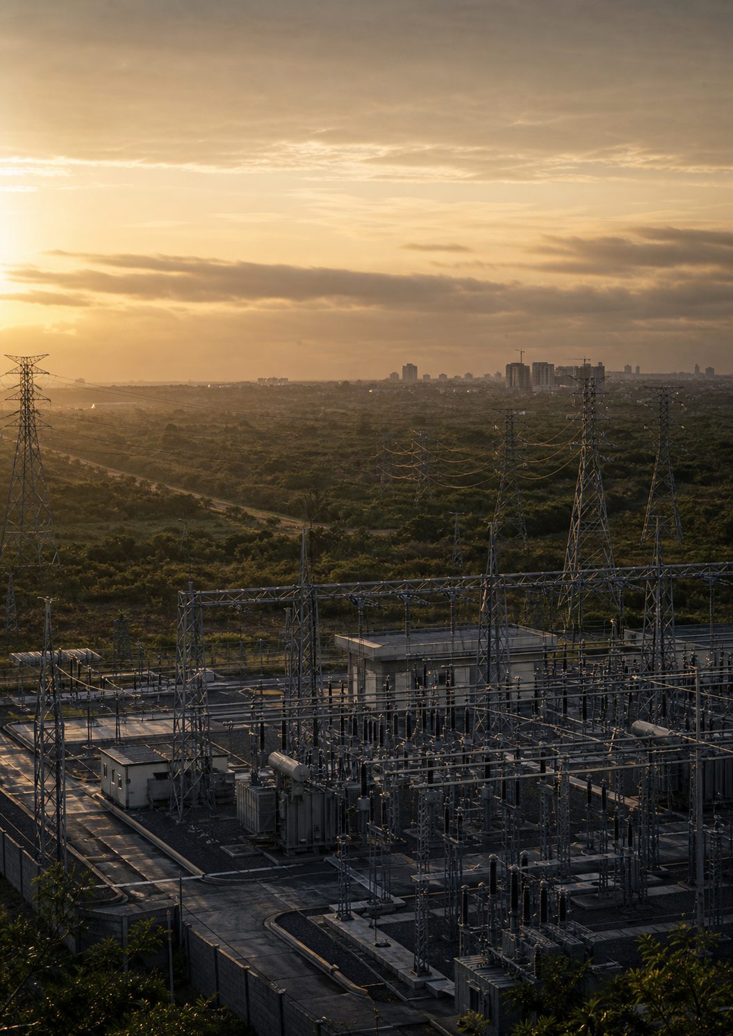 High-voltage transmission substation at first light